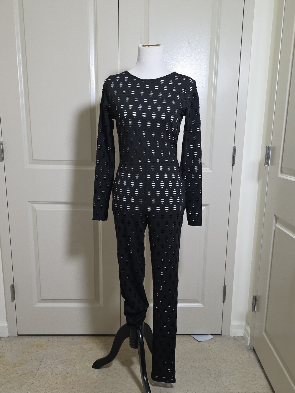 Fashion Nova Black Perforated Long-Sleeve Jumpsuit